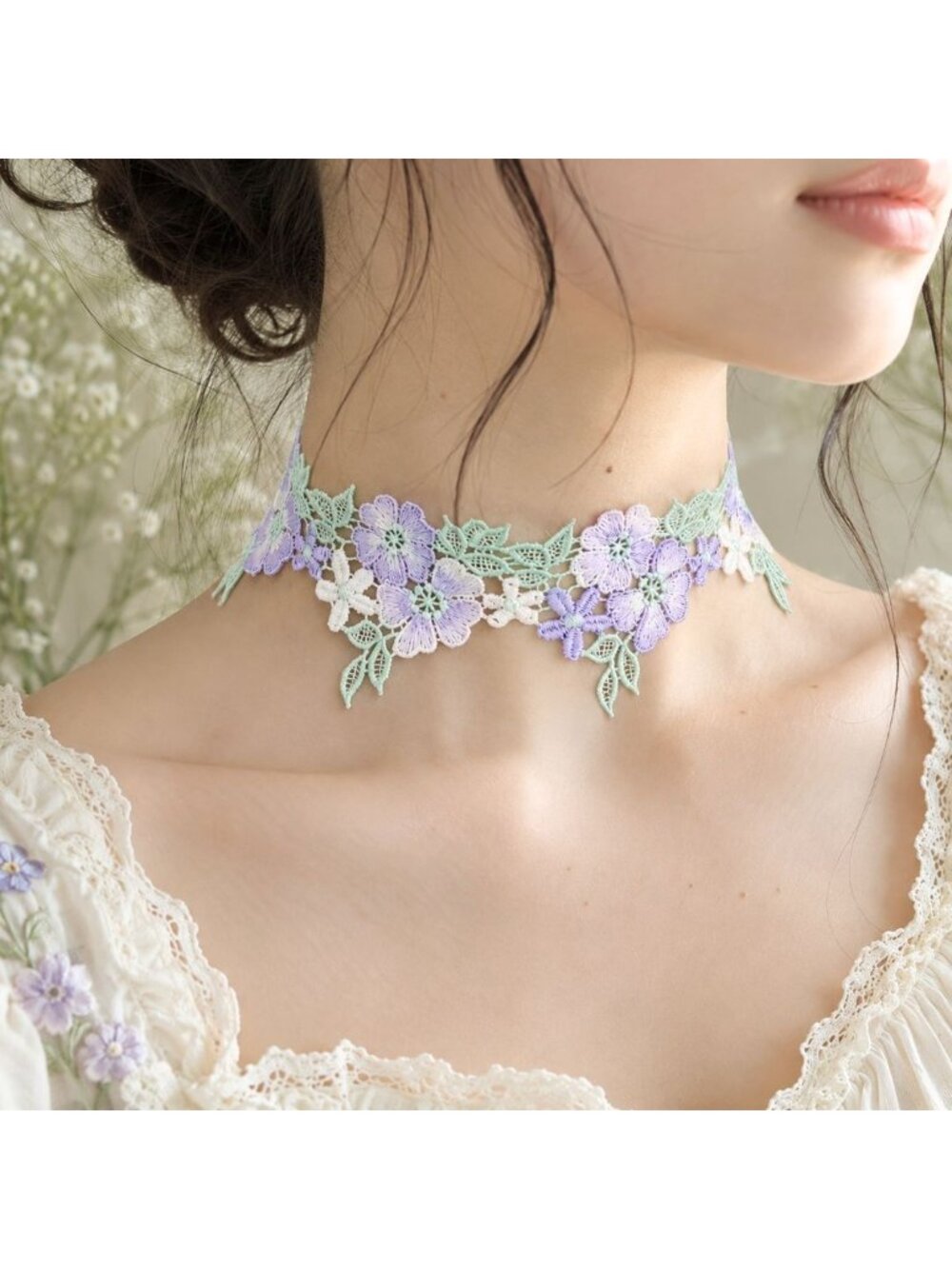 Lavender Floral Lace Choker Necklace, Cottagecore Flower Choker, Fairycore Lace